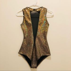 Gold Backless Bodysuit/ Dance Leotard with Deep V Mesh Front and Button Closure